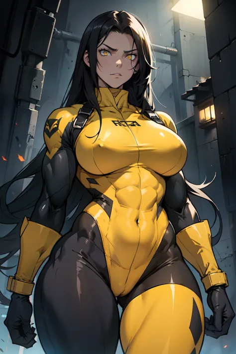 dark atmosphere black hair very long hair yellow eyes pale skin angry (bodysuit) ((((1 girl muscular)))) huge breasts wide hips thick thighs curvy toned body