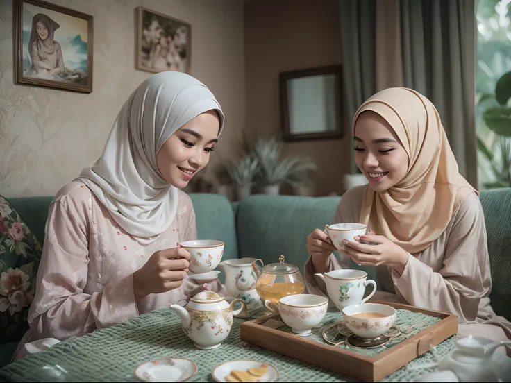 Two malay friends wearing hijabs and baju kurung, having tea in a cozy living room. Art style: Photorealistic, pastel color theme, Super 8mm lense, Extreme close-up, High Contrast cinematography effect, bright Natural Lighting, Desaturate color grading, hi...