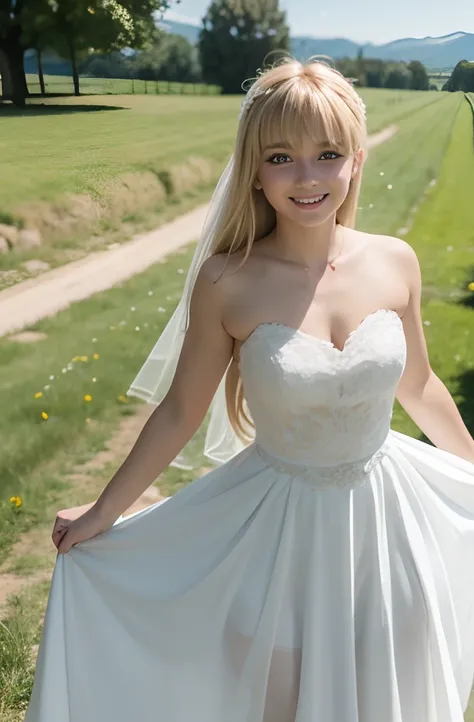 A girl,16 year old,european countryside,blonde,bangs bangs,pretty face,wedding dress,thick muscular arms