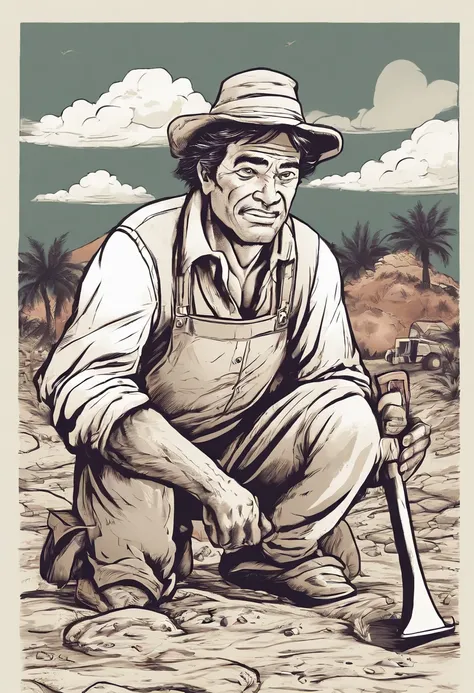 A black and white commercial illustration of a man dressed as a peasant, parecendo cansado, Holding a digger in his right hand. He is digging an artesian well in search of water, localizado perto de sua aldeia. The village is depicted in a rustic way, com ...