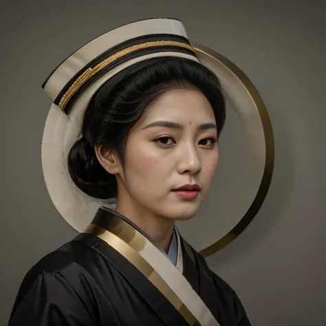 portrait of a black-haired woman wearing a traditional dress with a hat, Geisha portrait, inspired by Yun Du-seo, Korean female idol portrait, Korean woman, Portrait of a geisha, Portrait of a beautiful geisha, inspired by Jeong Seon, elegant Japanese woma...