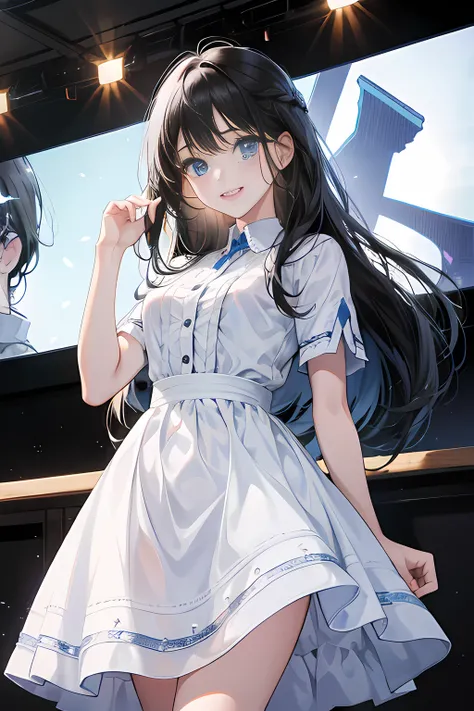 1 girl, high res, long black hair, blue eyes, wearing cute white dress, public speaking, happy and excited, ultrasharp, 8K, masterpiece