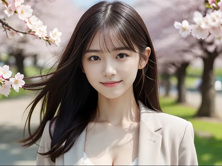 (Close up portrait of girl with thin small breasts and long hair in pastel jacket and shirt:1.5)、(The girl opens her arms with a small smile、Let your hair flutter in the wind :1.5)、(Rows of cherry blossom trees in full bloom and cherry blossom petals danci...