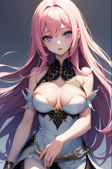 1girl, anime, cute girl, blank background, white background, fantasy, detailed dark fantasy dress with highlights, beautiful face, beautiful eyes, dark colors, long pink hair, medium breasts, slight cleavage, beautiful skin, cute, breast curtains, extremel...