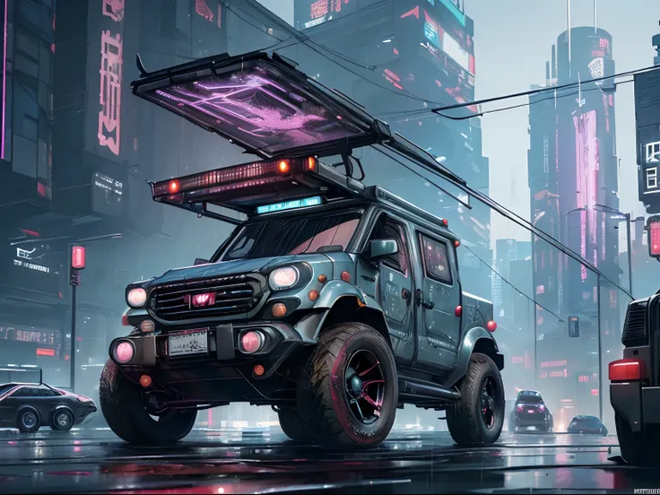 (late at night raining:1.3), (detailed beautiful skin textures, detailed beautiful face, ultra detailed clothing textures), , (Cyberpunk:1.4), , (an ultra detailed (cyberpunk custumed:1.5) and 2-doors (very small utility vehicle:1.5) with (loads on roof ra...