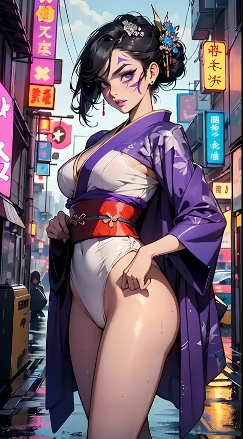 1girl, ((Black hair)), ((Kimono, Geisha)), ((heavy face makeup)), ((hair done up in a Sakkō style)), ((white face paint)), ((heavy makeup, purple eyeliner, purple lips, purple eyeshadow)),large breast:1.4,big booty,(spider lower abdomen,narrow waist,wide h...