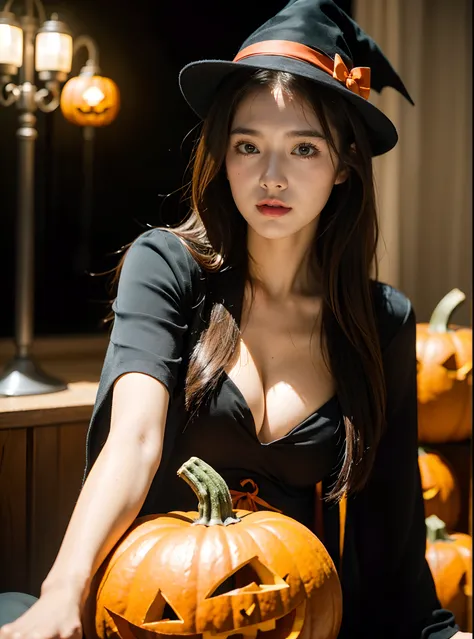 Girl in wizard costume holding halloween pumpkin at halloween costume and halloween party.,
Masterpiece, Best Quality, realisitic, The ultra-Highres, Depth of field, (Detailed face:1.5), (Detailed Eyes:1.5), detailed background, (Masterpiece:1.2), (The ult...