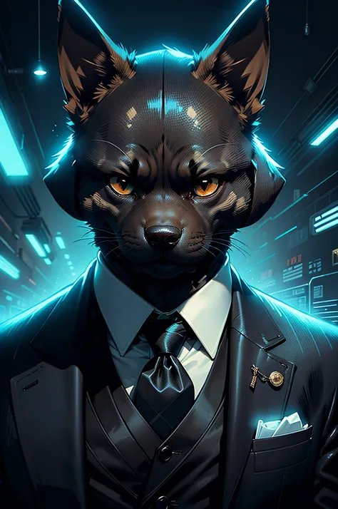 (Man in black suit and tie)comic strip、Anthropomorphic Doberman dog、cyberpunked