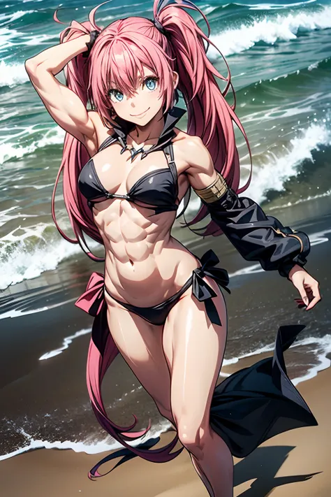 1Female, (((smile))), Tensei Shitara Slime Datta Ken（((Milim Nava))), Demon Lord King、Milim Navas masterpiece body、High Quality Bikini Armor、Black Bikini Armor、 Milim Precise Face、(blue eyes)、Evil Look、Pink hair、Two-tailed、Proud double tails、bare feet, med...