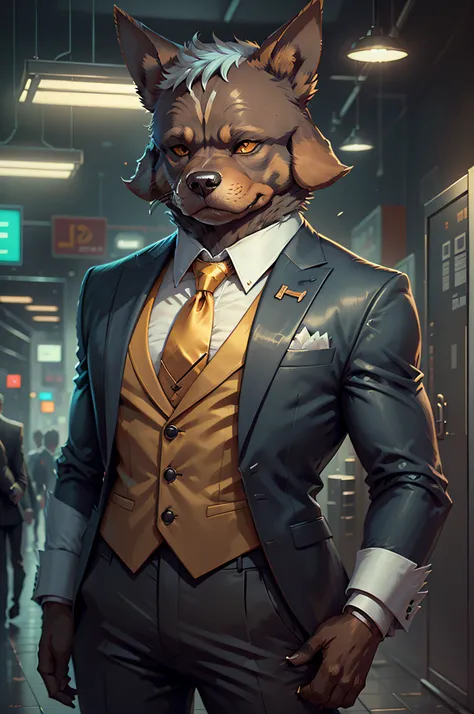 (Man in suit and tie)comic strip、Anthropomorphic Doberman dog、cyberpunked