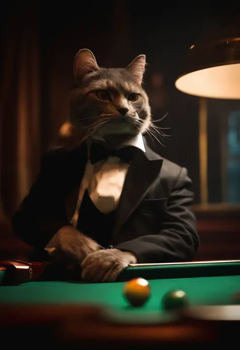 hello kitty,behind a pool table,smoking a cigar,smoky background,elegant and mysterious atmosphere,vivid colors,detailed features,dark shadows,portrait style,high contrast,sharp focus,ultra-detailed,hazy smoke,professional photography,nightlife ambiance,ex...