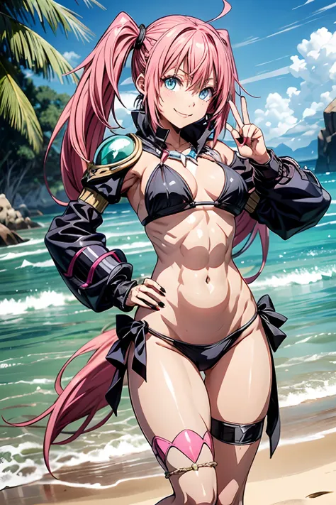 1Female, (((smile))), Tensei Shitara Slime Datta Ken（((Milim Nava))), Demon Lord King、Milim Navas masterpiece body、High Quality Bikini Armor、Black Bikini Armor、 Milim Precise Face、(blue eyes)、Evil Look、Pink hair、Two-tailed、Proud double tails、bare feet, med...