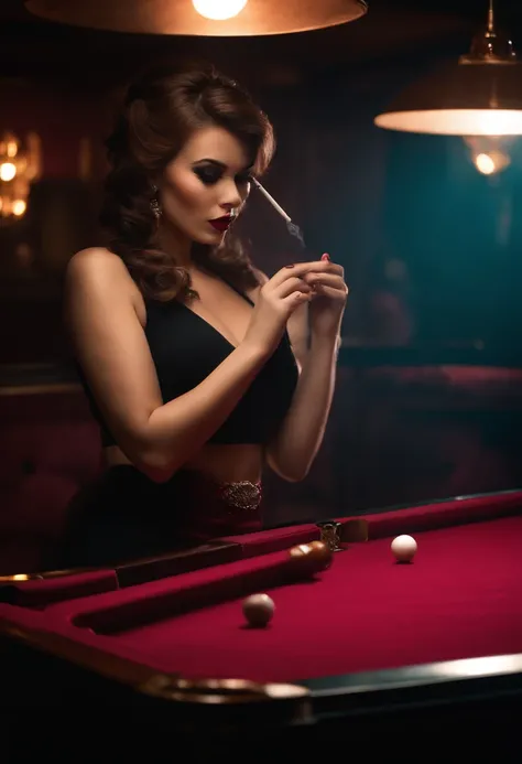 hello kitty,behind a pool table,smoking a cigar,smoky background,elegant and mysterious atmosphere,vivid colors,detailed features,dark shadows,portrait style,high contrast,sharp focus,ultra-detailed,hazy smoke,professional photography,nightlife ambiance,ex...