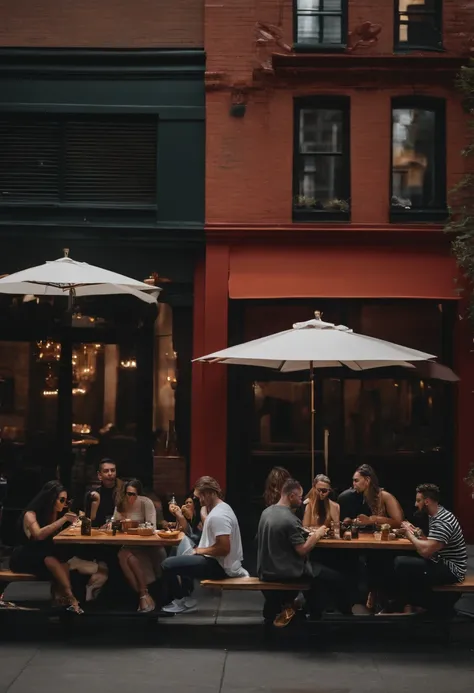 group of people sitting to eat in soho NYC, wearing fear of god style streetwear, loose, oversized