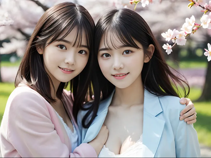 (Close up portrait of two girls with thin small breasts and long hair in pastel jacket and shirt:1.5)、(Two girls spread their arms with small smiles、Let your hair flutter in the wind :1.5)、(Rows of cherry blossom trees in full bloom and cherry blossom peta...