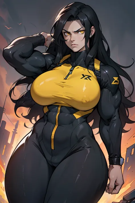 dark atmosphere black hair very long hair yellow eyes pale skin angry (bodysuit) ((((1 girl muscular)))) ((huge breasts wide hips thick thighs  toned body))