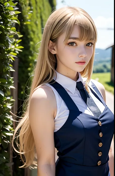 A girl,16 year old,european countryside,blonde,bangs bangs,pretty face,thick muscular arms,sleeveless waitress