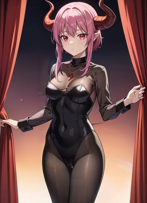 bedroom, red jewel necklace,  medium breasts, light purple hair,  dragon girl,   short hair with long locks, dragon horns, dark aura, evening,  expressionless, black sclera, orange eyes, standing, curtain grab, pantyhose, leotard, impossible leotard, see-t...