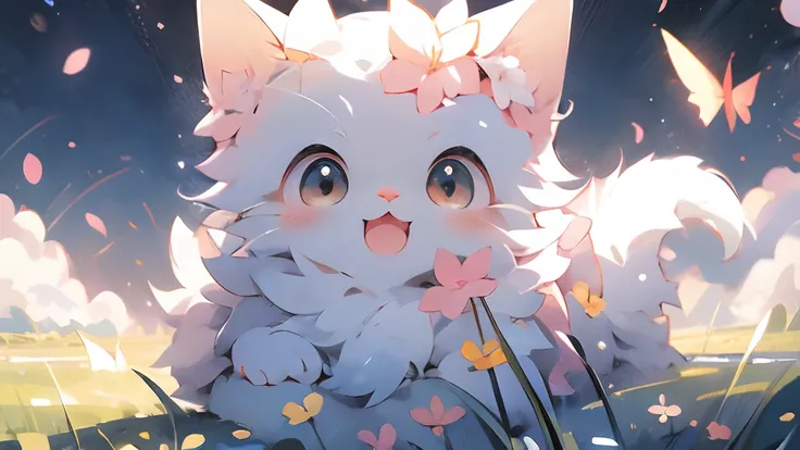 anime cat, anime visual of a cute cat, realistic anime cat, cute detailed digital art, Anime Art Wallpapers 4 k,Very beautiful furry art, Cute Anime Cats, white cat、Pink eyes、Pink eyes、butterflys々、butterflys々is flying、blue-sky、Sunnyday、Running、a smile、kira...