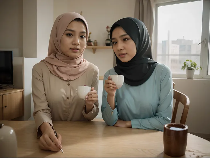 Two malay friends wearing hijabs and baju kurung, having tea in a cozy living room. Art style: Photorealistic, pastel color theme, Super 8mm lense, Extreme close-up, High Contrast cinematography effect, bright Natural Lighting, Desaturate color grading, hi...