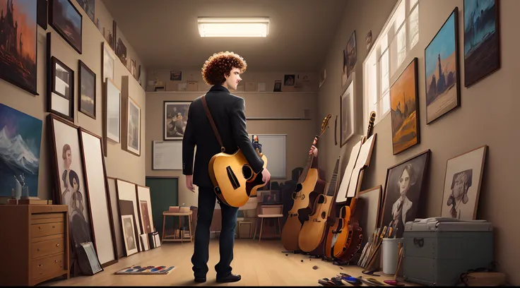 create a poster in the style of Disney Pixar, featuring a male teacher with curly hair, dressed in Black, surrounded by artworks, paint, brushes, cameras and musical instruments.