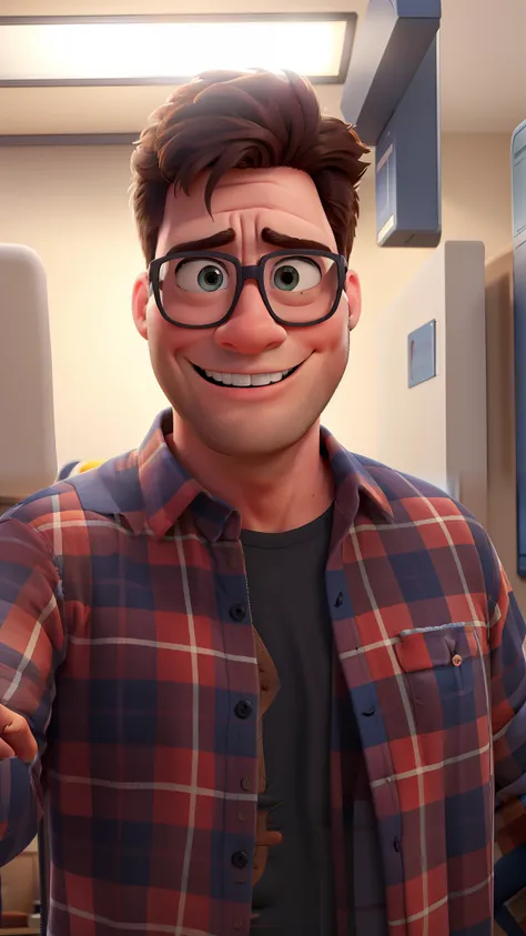 Disney Pixar-style poster of a man in a plaid shirt in an office, segurando um iPad. The title of the film written in blue is Do it there!