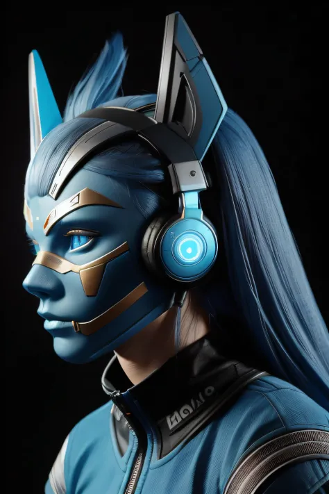 girl with long blue hair, blue eyes, futuristic vibes, mask on mouth, headphones, 8k, high quality, simple background, glowing eyes, nice pose