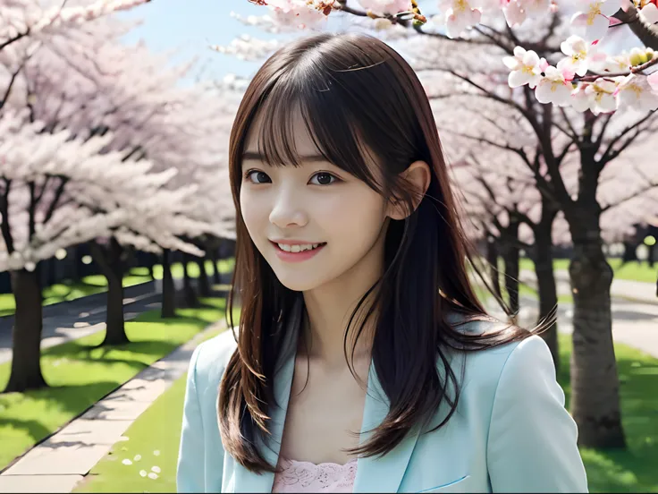 (For jackets and shirts in pastel colors、slender small breasts and long hair,、Close up of two girls with dull bangs:1.5)、(Two girls dancing with smiles、Let your hair flutter in the wind :1.5)、(Rows of cherry blossom trees in full bloom at dusk and cherry b...