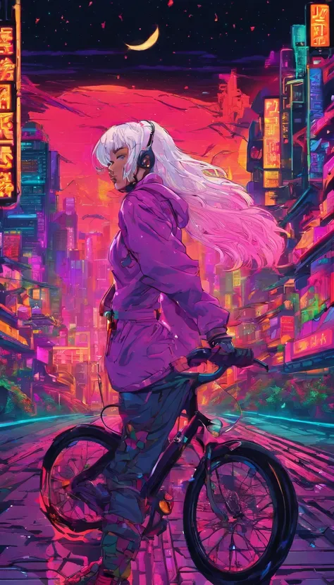 Tokyo seems from a mountain, cyberpunk city, girl with a bike, leds hoodie, white hair, night, starry night, master piece