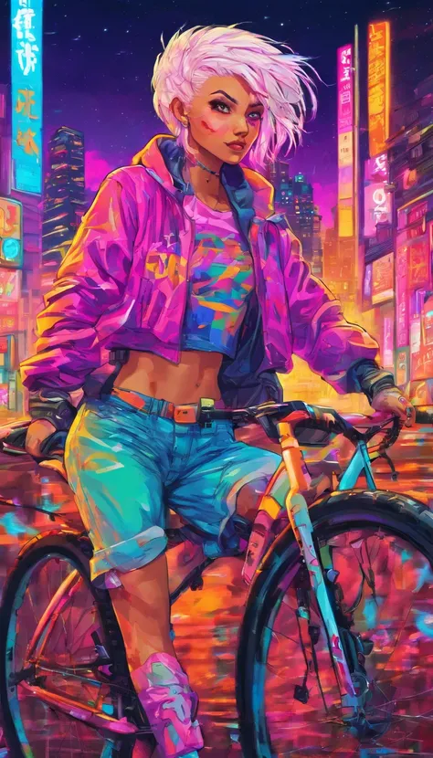 Tokyo seems from a mountain, cyberpunk city, girl with a bike, leds hoodie, white hair, night, starry night, master piece