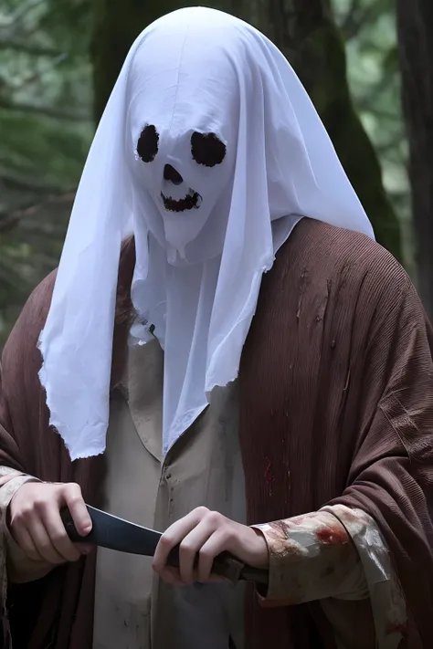 Kang Taehyun as ghost face in the woods with a bloody knife