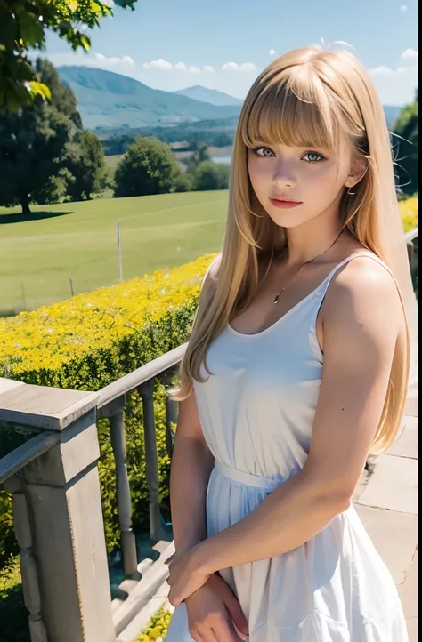 A girl,16 year old,european countryside,blonde,bangs bangs,pretty face,thick muscular arms,relax,dress