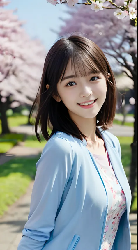 (Close-up portrait of a girl with slender small breasts and short hair with dull bangs in a jacket and shirt:1.5)、(A girl dancing with smile and hair flutter in the wind :1.5)、(Blue sky and cherry blossom trees in full bloom:1.5)、(Perfect Anatomy:1.3)、(No ...