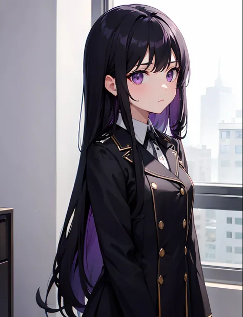 1girl, long black hair, purple eyes, black academy uniform, standing on ground, high res, ultra sharp, 8K, masterpiece