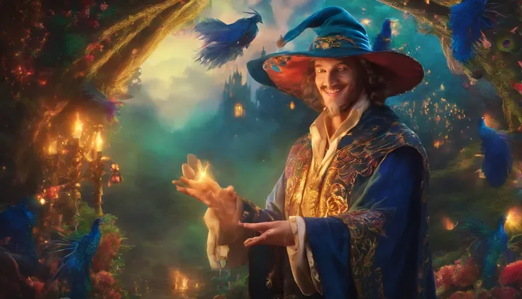 (best quality,highres,4k,masterpiece:1.2), Male wizard, detailed face, detailed hands, grinning, enchanted background, mystical lighting, vivid colors, peacock robe motif, casting colorful raging spells