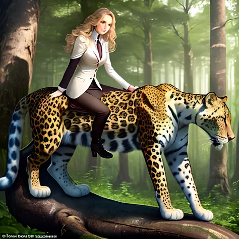 In the forest，A beautiful woman with long legs sits on top of a strong leopard，Proportional coordination，A beauty and a leopard