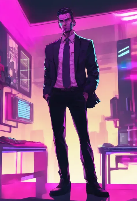 ((Skinny, lanky, normal, mid-30s, unshaven, white, ((American, pale skin, english)), male, businessman wearing a basic suit and tie, nose ring, tired, unhappy)), cowboy shot, (black short shaggy hair with purple highlights), ((sitting in their house)), (hi...