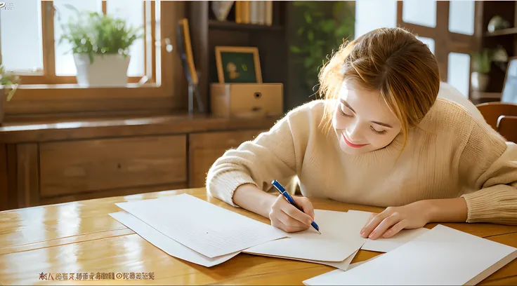 Bright atmosphere, mano, New Years card, From the neck down, desk work, Im writing a letter, A slight smil, realisticlying, Highly detailed, realistic, The letter