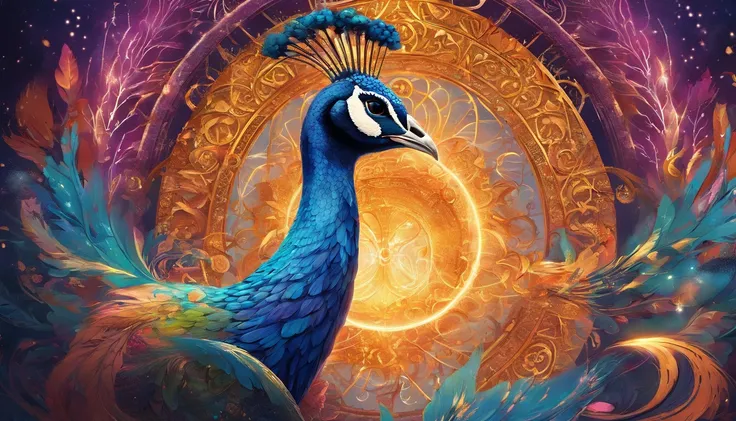 (best quality,4k,8k,highres,masterpiece:1.2),ultra-detailed,(realistic,photorealistic,photo-realistic:1.37),mystical peacock mage,casting colorful vivid spells,ethereal lighting,expressive brushstrokes,translucent feathers,magical atmosphere,golden staff,f...