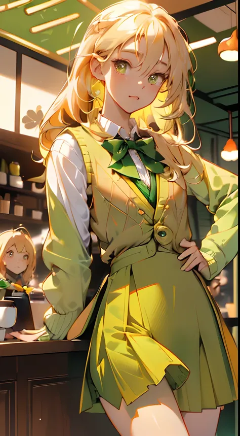 highres, ultra detailed, 1girl, solo, extremely detailed eyes, (Gold colored hair:1.5) , (straight waist-length gold hair:1.5) ,anime girl in real life,(Anti-flash white-colored eyes:1.5) , ulzzang , she is wearing a ((Viridian colored waistcoat outside:1....