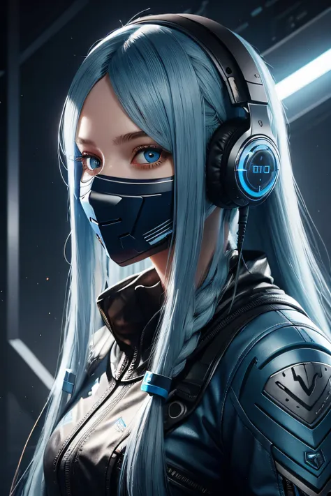 girl with long blue hair, blue eyes, futuristic vibes, mask on mouth, headphones, 8k, high quality, simple background, glowing e...