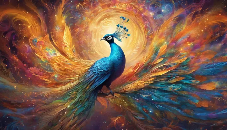 (best quality,4k,8k,highres,masterpiece:1.2),ultra-detailed,(realistic,photorealistic,photo-realistic:1.37),mystical peacock mage,casting colorful vivid spells,ethereal lighting,expressive brushstrokes,translucent feathers,magical atmosphere,golden staff,f...