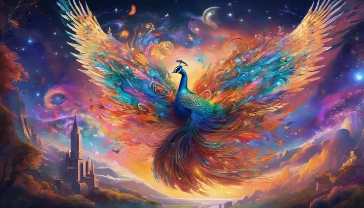 (best quality,4k,8k,highres,masterpiece:1.2),ultra-detailed,(realistic,photorealistic,photo-realistic:1.37),mystical peacock mage,casting colorful vivid spells,ethereal lighting,expressive brushstrokes,translucent feathers,magical atmosphere,golden staff,f...