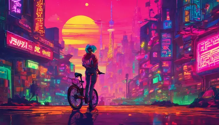 Tokyo looks like a mountain, Ciudad Cyberpunk, chica con una bicicleta, Sudadera con capucha LEDs, cana, Noche, Noche estrellada, Obra maestra