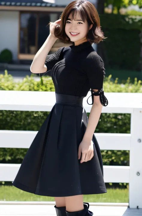 a teenage Japanese actress (hairstyle: wavy bob) who plays a villain, wearing a coquettish & charming black costume (high-waist skirt) and boots with an evil smile, standing outside.