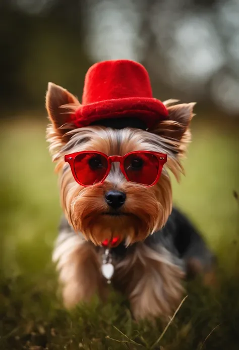 Yorkshire Terrier, . .. .。.3D, 8K, artwork of a, High quality, Wearing a red hat，Wearing cool glasses