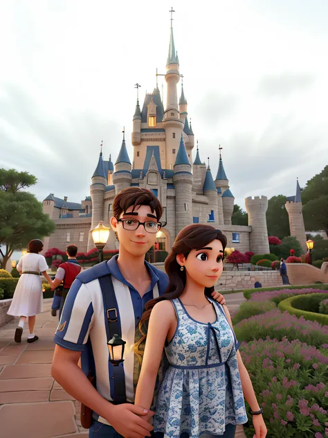 A  man an a woman , illuminated by the light of a lamp, in front the castle