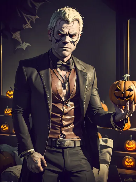 (((Michael De Santa (anteriormente Townley) is one of the main characters in GTA V))) Hes ((usando fantasia de halloween)), ambiente escuro sombrio de terror, ESTILO DE HALLOWEEN, Halloween themed background, Autoretrato do rosto, (fotorrealista:1.5), (Fot...