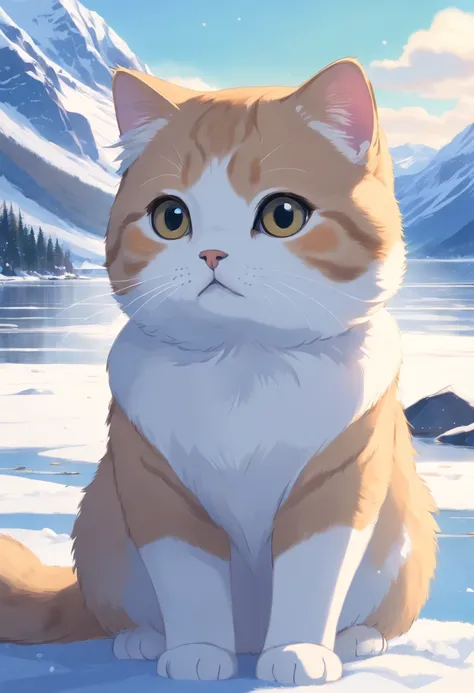 Scottish Fold cat, close up. Lakeside, snowy mountains..