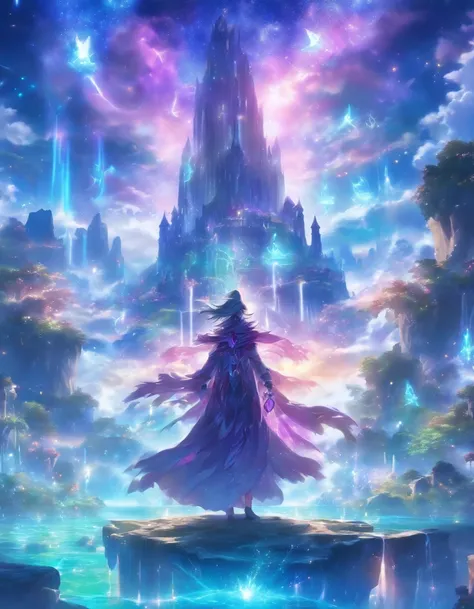 (best quality,4k,8k,highres,masterpiece:1.2),ultra-detailed,(realistic,photorealistic,photo-realistic:1.37),flamboyant colorful mage,wonderful multi colored spells,fantasy environment,magical atmosphere,sparkling lights,spellbinding,mesmerizing glow,ethere...